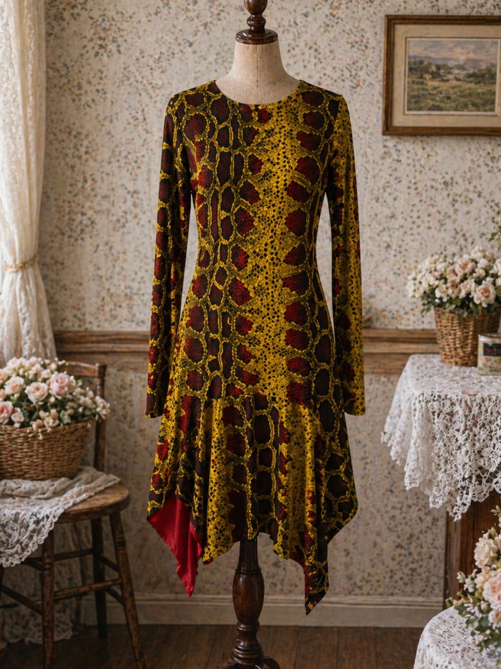 Y2K Just Cavalli Snakeskin Bodycon Mermaid Style Dress with Red Satin Lining